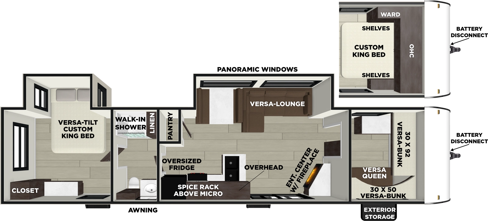 The Salem 36VBDS floorplan has two entries and two slide outs. Exterior features include: metal or fiberglass exterior and 18' awning. Interiors features include: bunk beds, front bedroom, rear bedroom and two bedrooms.